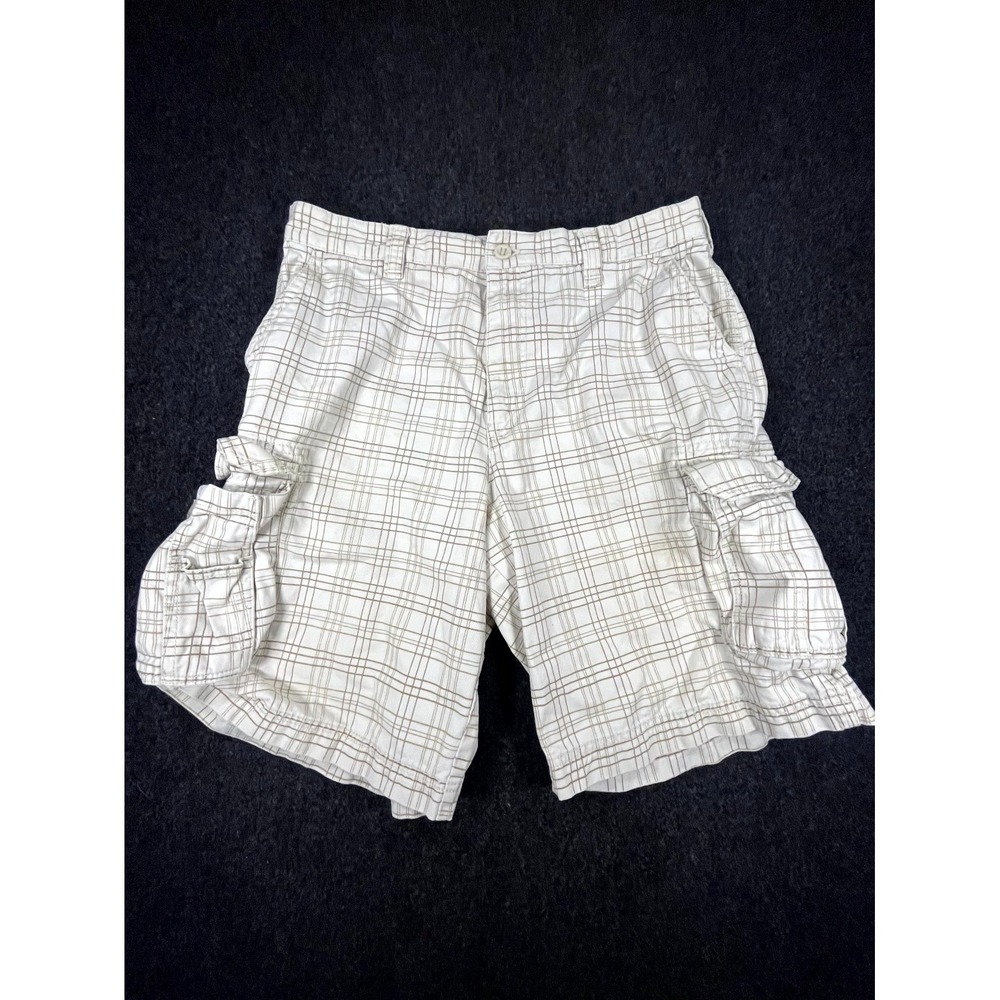 Y2K Izod Cargo Shorts Mens 36 Beige Grid Plaid Cotton Utility Pockets Mid Rise